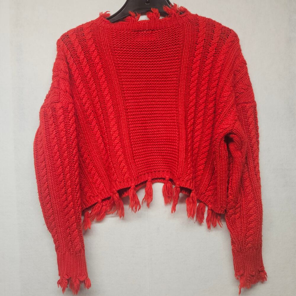 ShoptheMint Red Fringe Crop Sweater Oversized Cable Knit Pullover Size Small - Picture 7 of 8